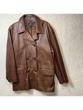 Lauren Ralph Lauren Womens Brown Leather Double-Breasted Coat Size 12 Vintage